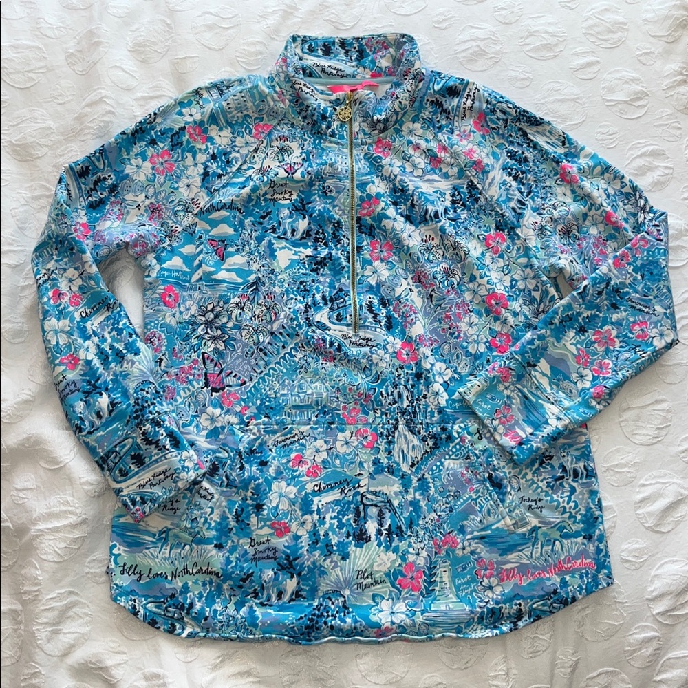 Lilly Pulitzer NC Blue and Pink Floral Half Zip Crewneck Longsleeve Top